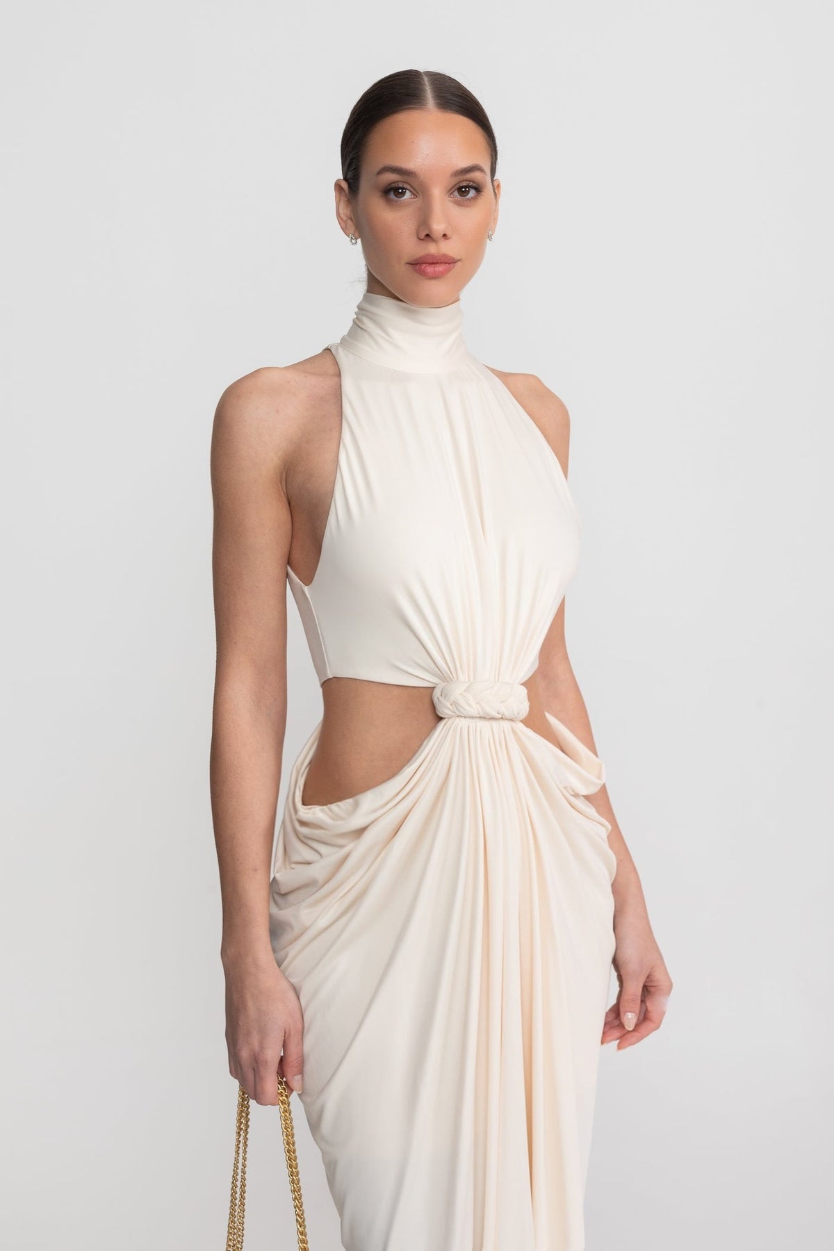 Halter Neck Cut Out Knotted Waist Draped Ruched Maxi Gown - View 4