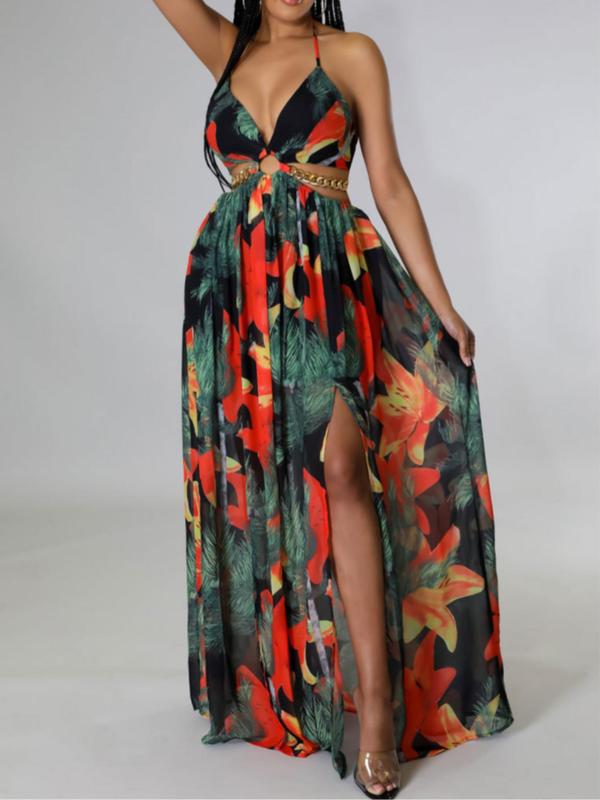 Floral Print Halter Neck Cut Out High Split Maxi Dress