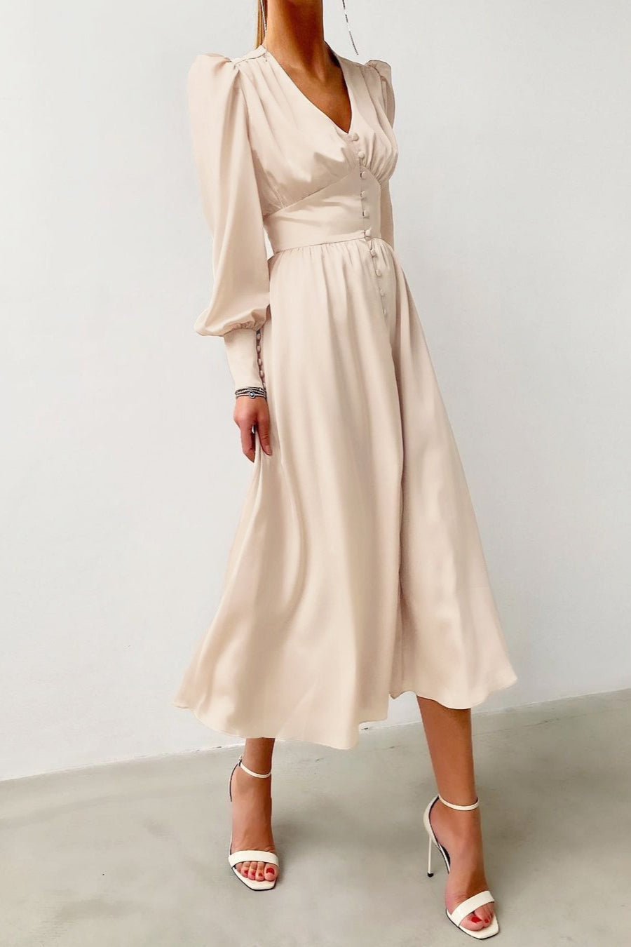 Satin Puff Sleeve Bustier Tailored Midi Dress - View 4