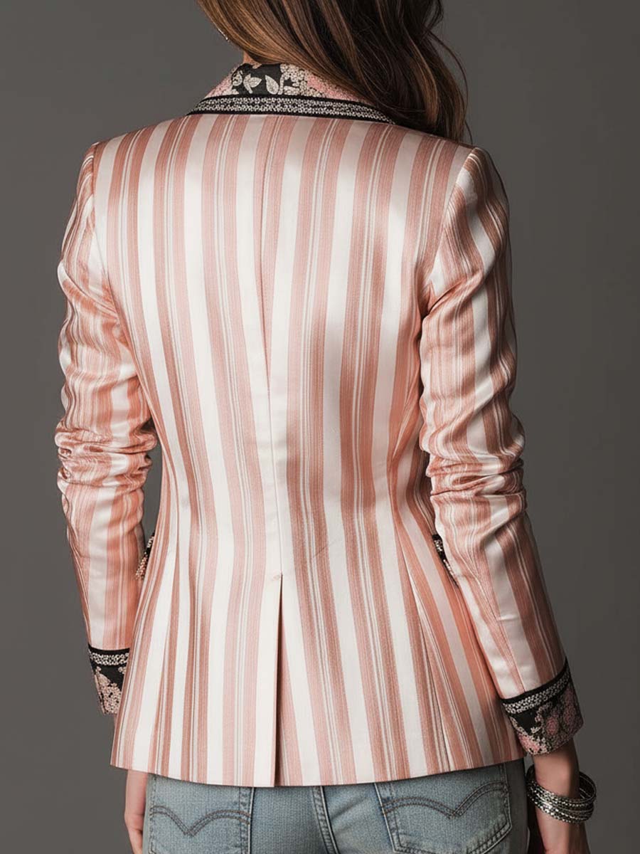 Satin Stripe Floral Trim Lapel Tailored Blazer 5
