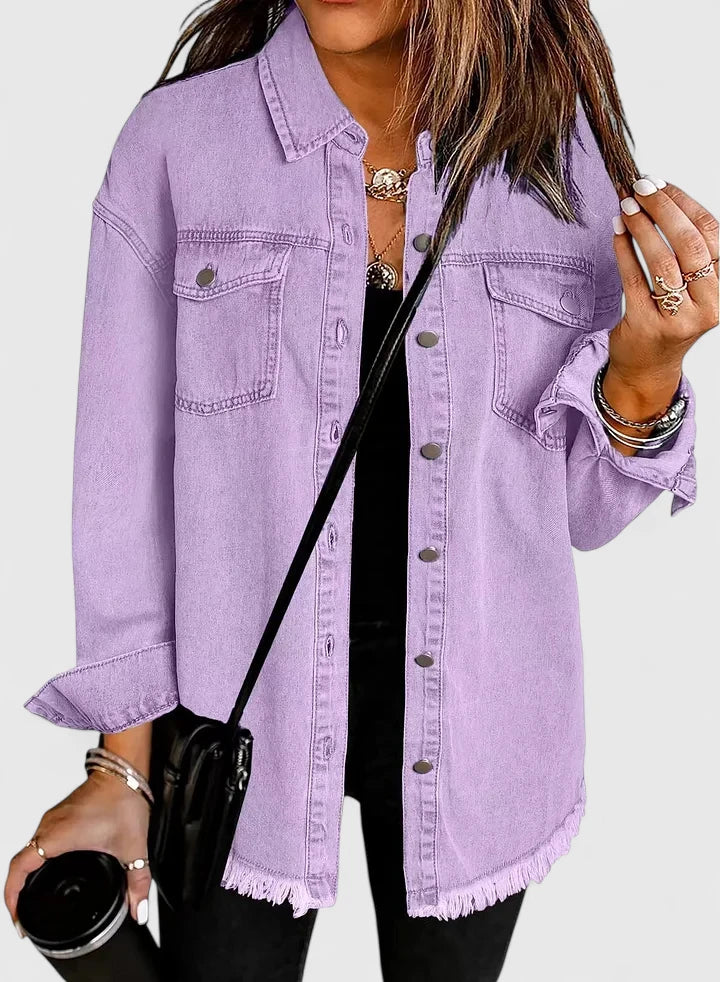 Button Front Frayed Hem Denim Shirt Jacket 3