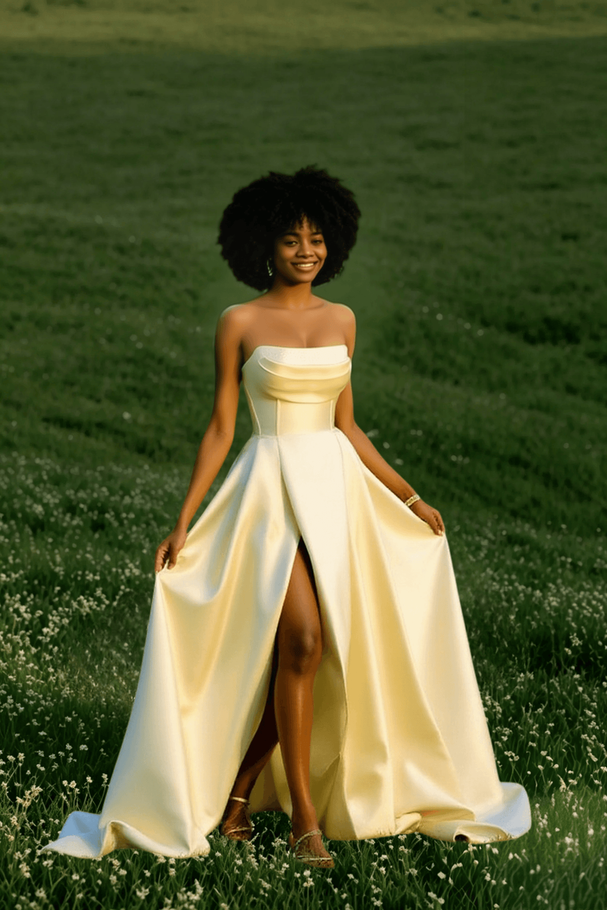Satin Strapless Corset High Split A-Line Ball Gown