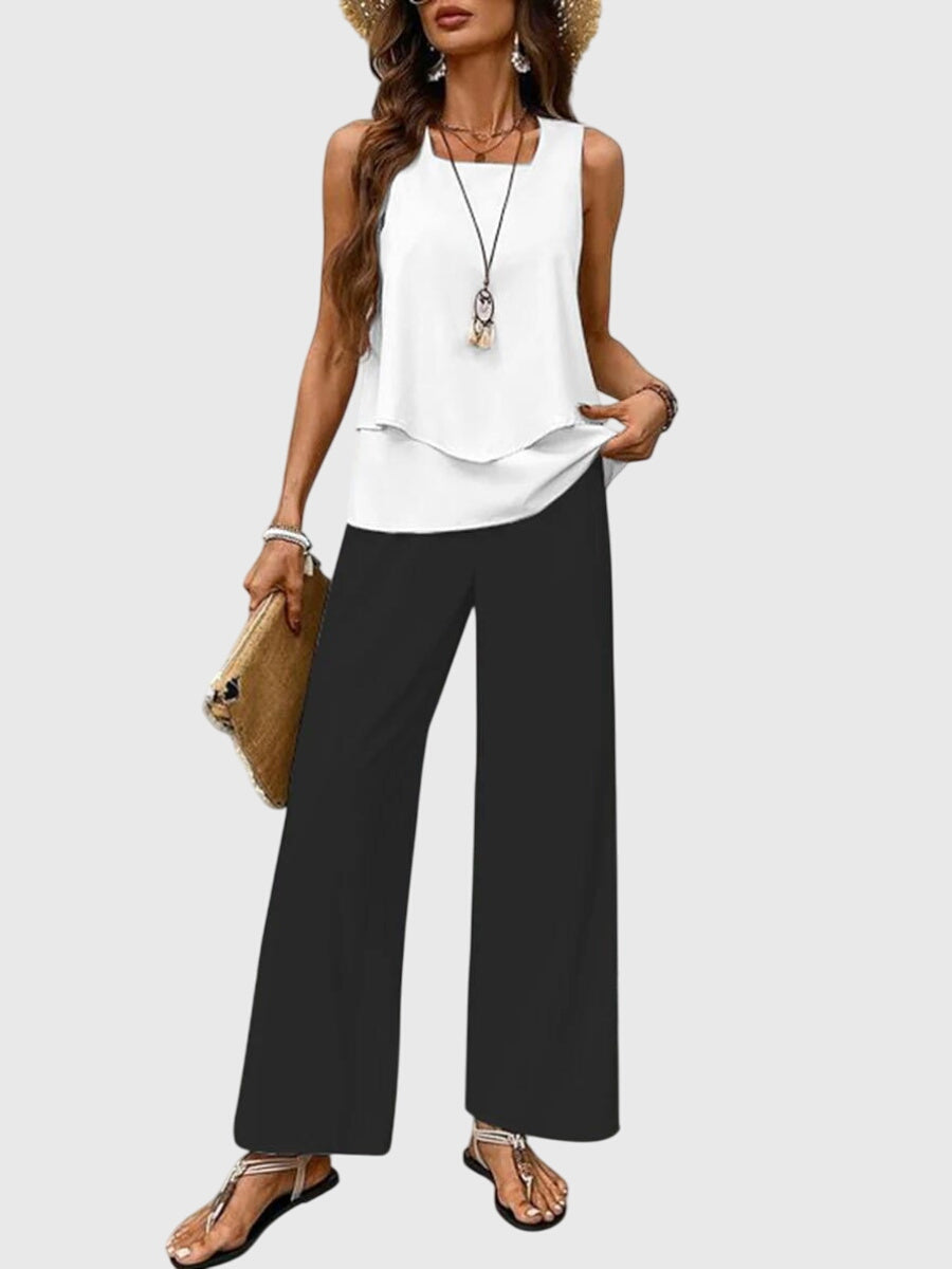 Sleeveless Top and Leaf Print Wide Leg Pants Two Piece Set 8