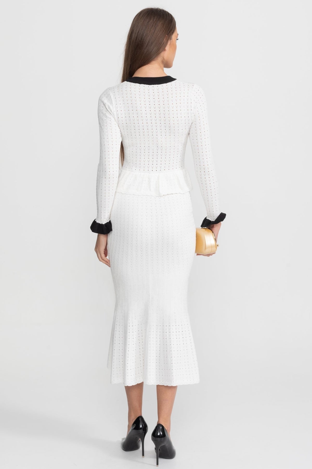 Pointelle Knit Midi Co-Ord with Contrast Trim – White - View 5