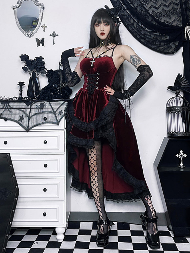 Velvet Sweetheart Spaghetti Strap Corset Ruffle High Low Dress
