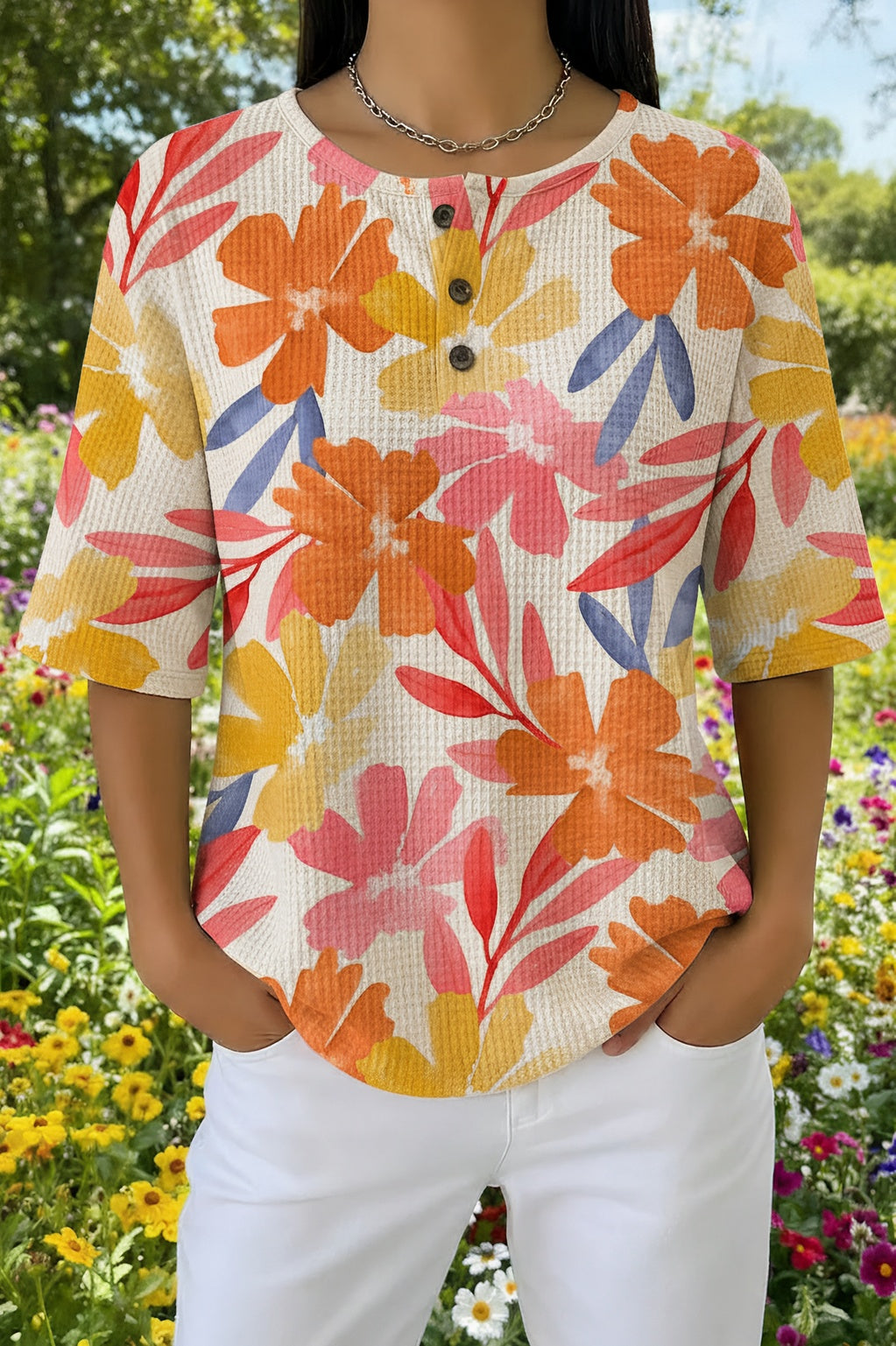 Bold Floral Print Button Henley Waffle Knit Top