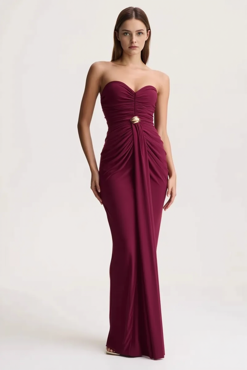 Sleeveless Ruched Waist Cinched Sash Strapless Party Dress