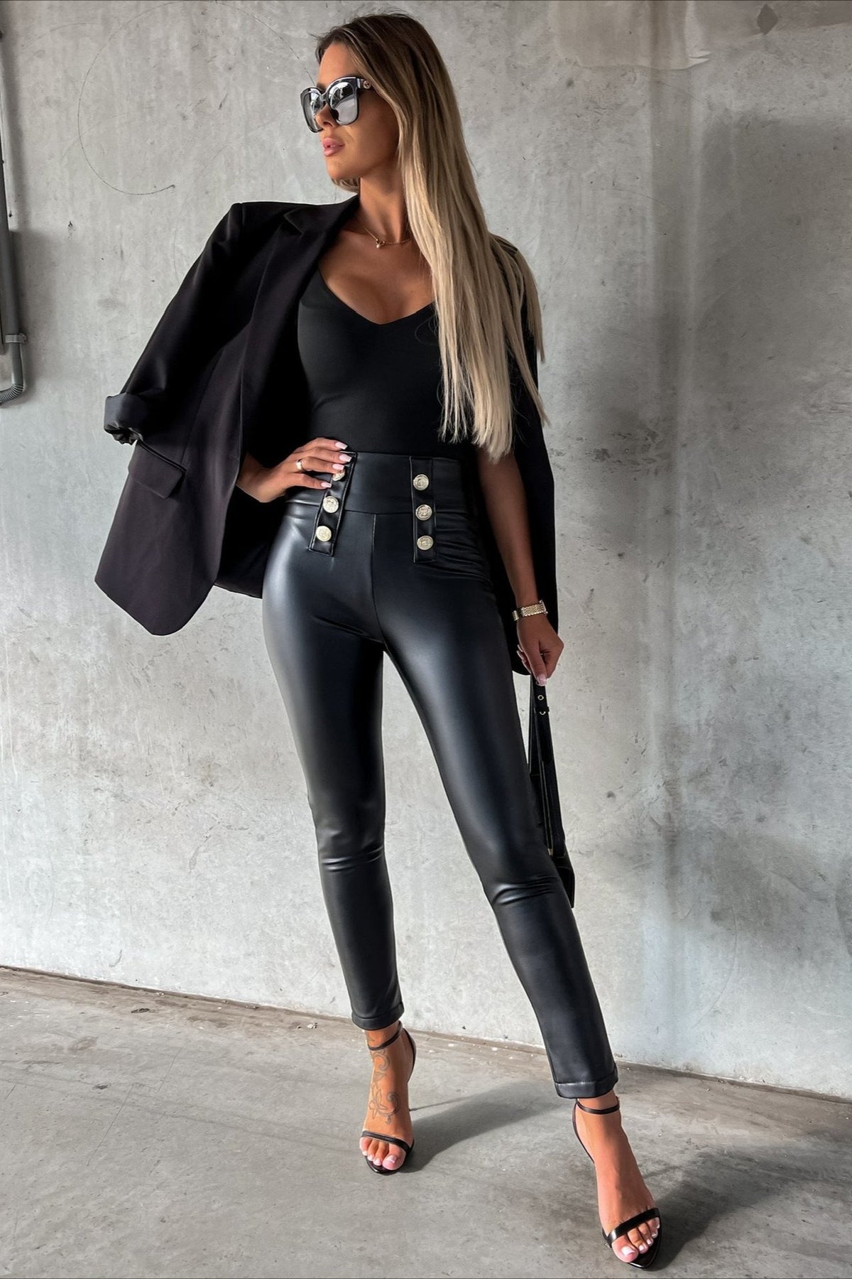 Buttoned PU Slim Fit Tight Fashion Pants