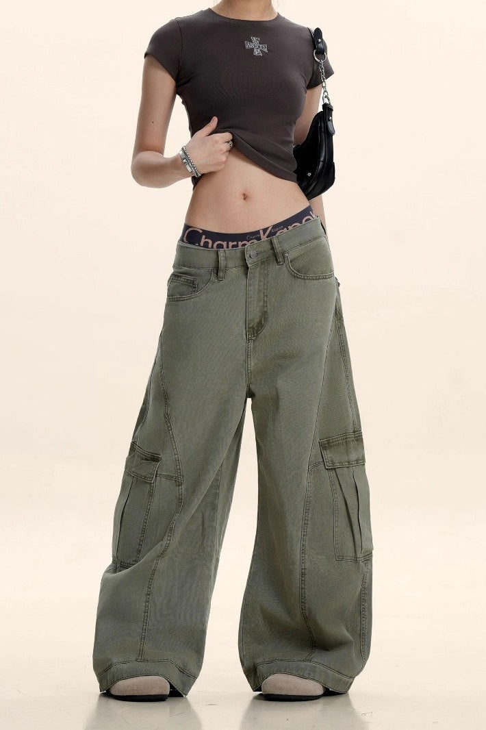 Vintage Deconstructed Curved Blade Slimming Cargo Pants