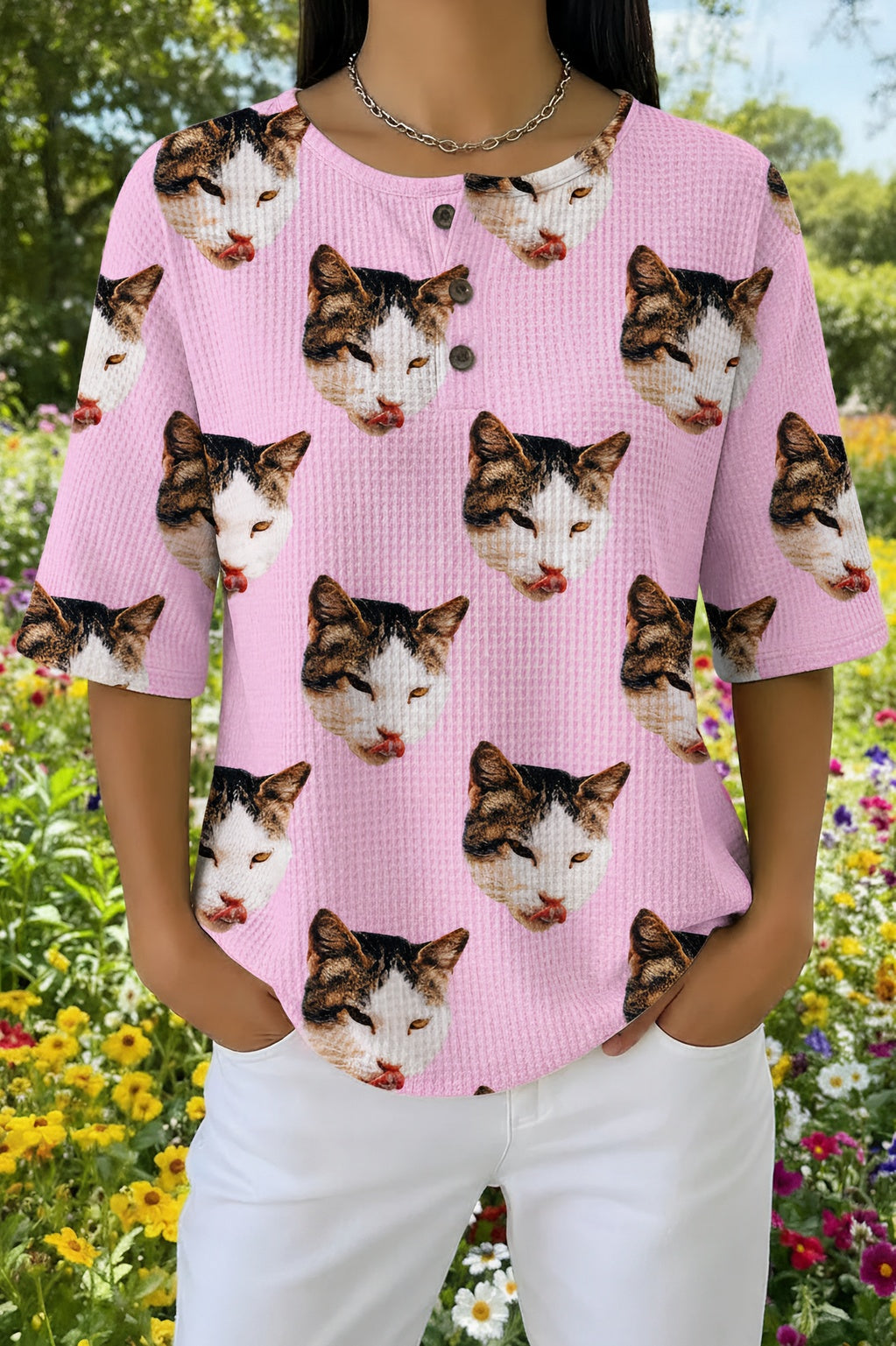 Cat Print Waffle Knit Short Sleeve Henley Top