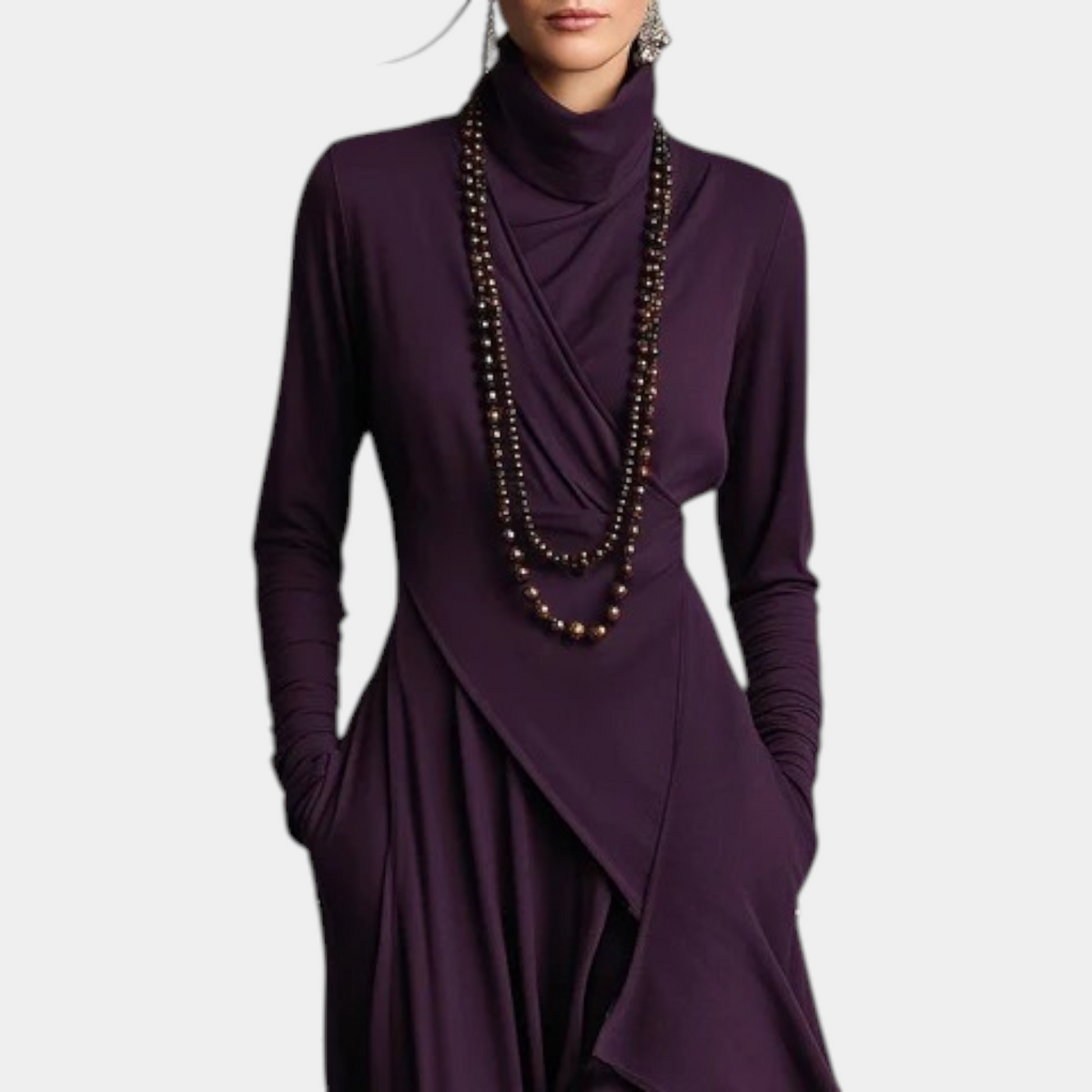 Turtleneck Long Sleeve Asymmetric Draped Maxi Dress 8