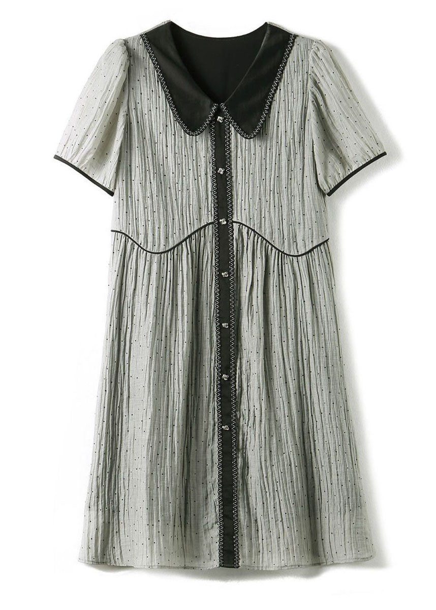 Swiss Dot Peter Pan Collar Puff Sleeve Wavy Piping A-Line Dress - View 5