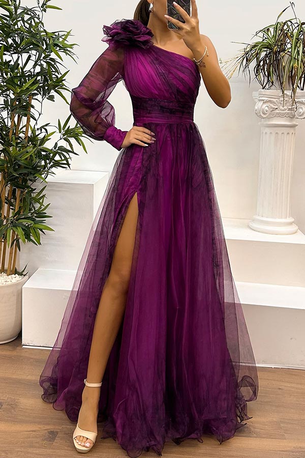 Tulle Off Shoulder Asymmetrical One Sleeve Maxi Dress - View 6