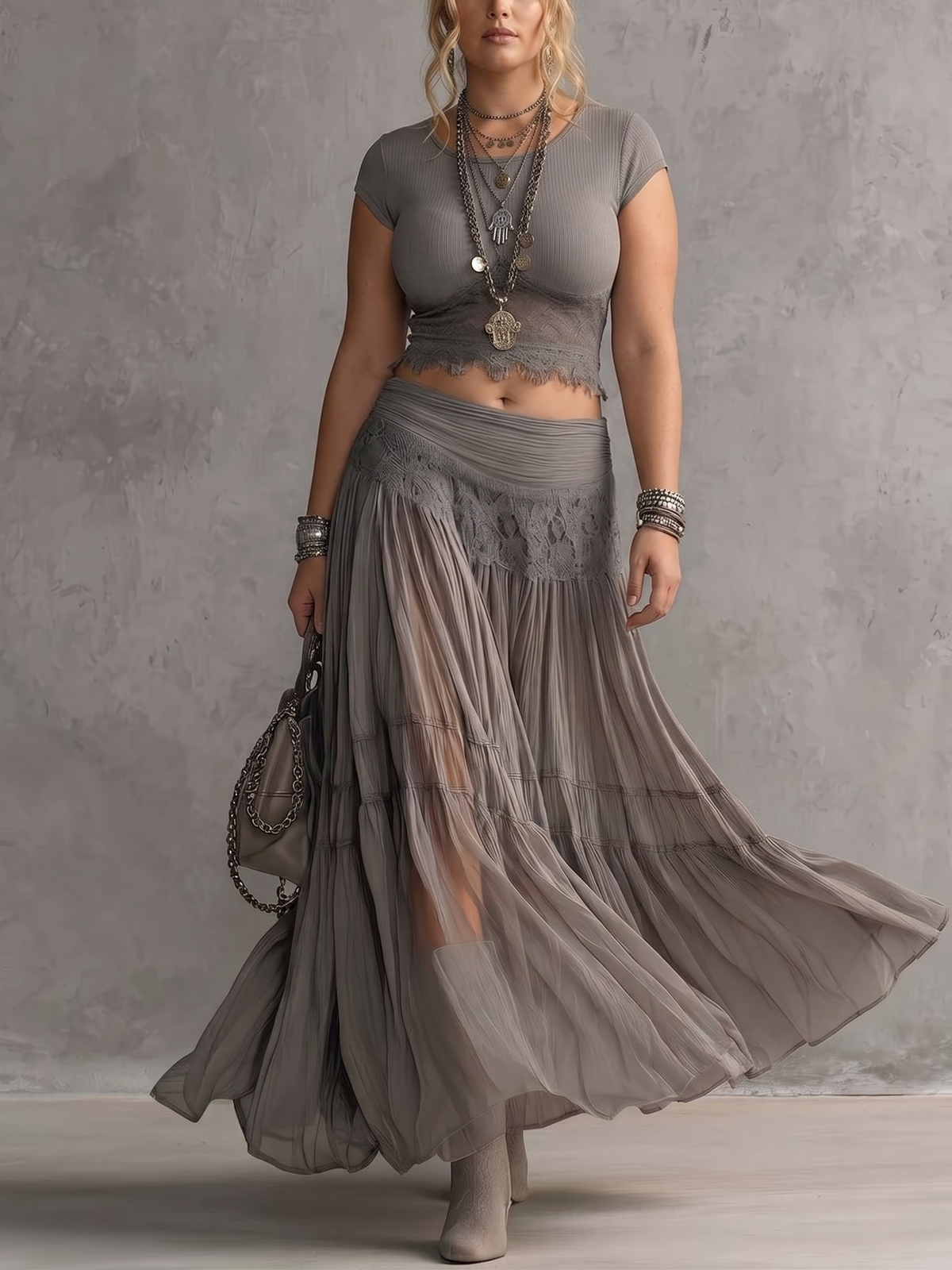 Cap Sleeve Lace Trim Top and Tiered Maxi Skirt Two Piece Set 2