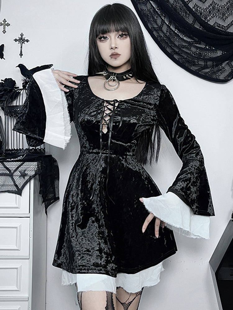 Velvet Lace Up Deep Scoop Neck Bell Sleeve Ruffle Trim Mini Dress