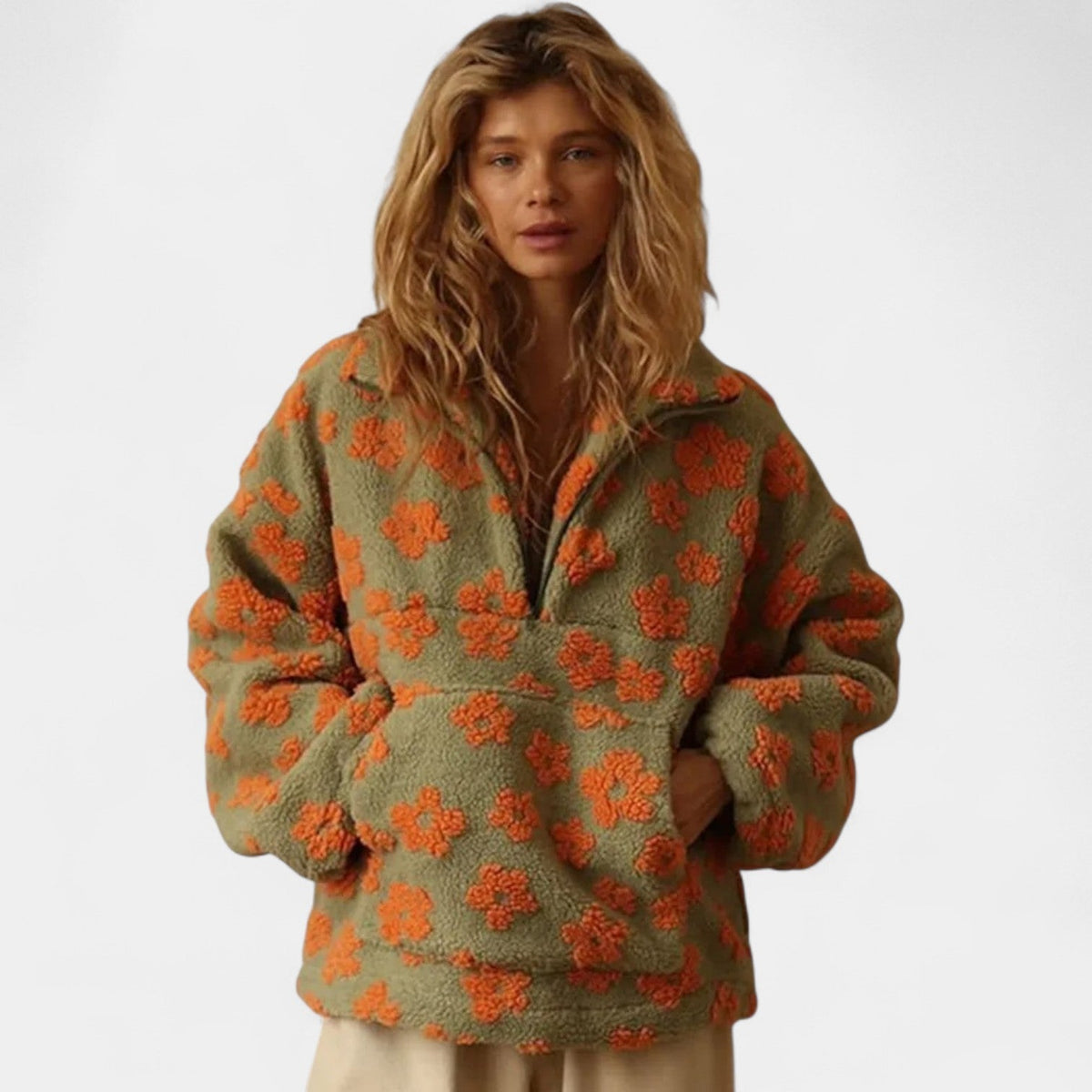 Floral Print Half Zip Collared Sherpa Fleece Pullover 4
