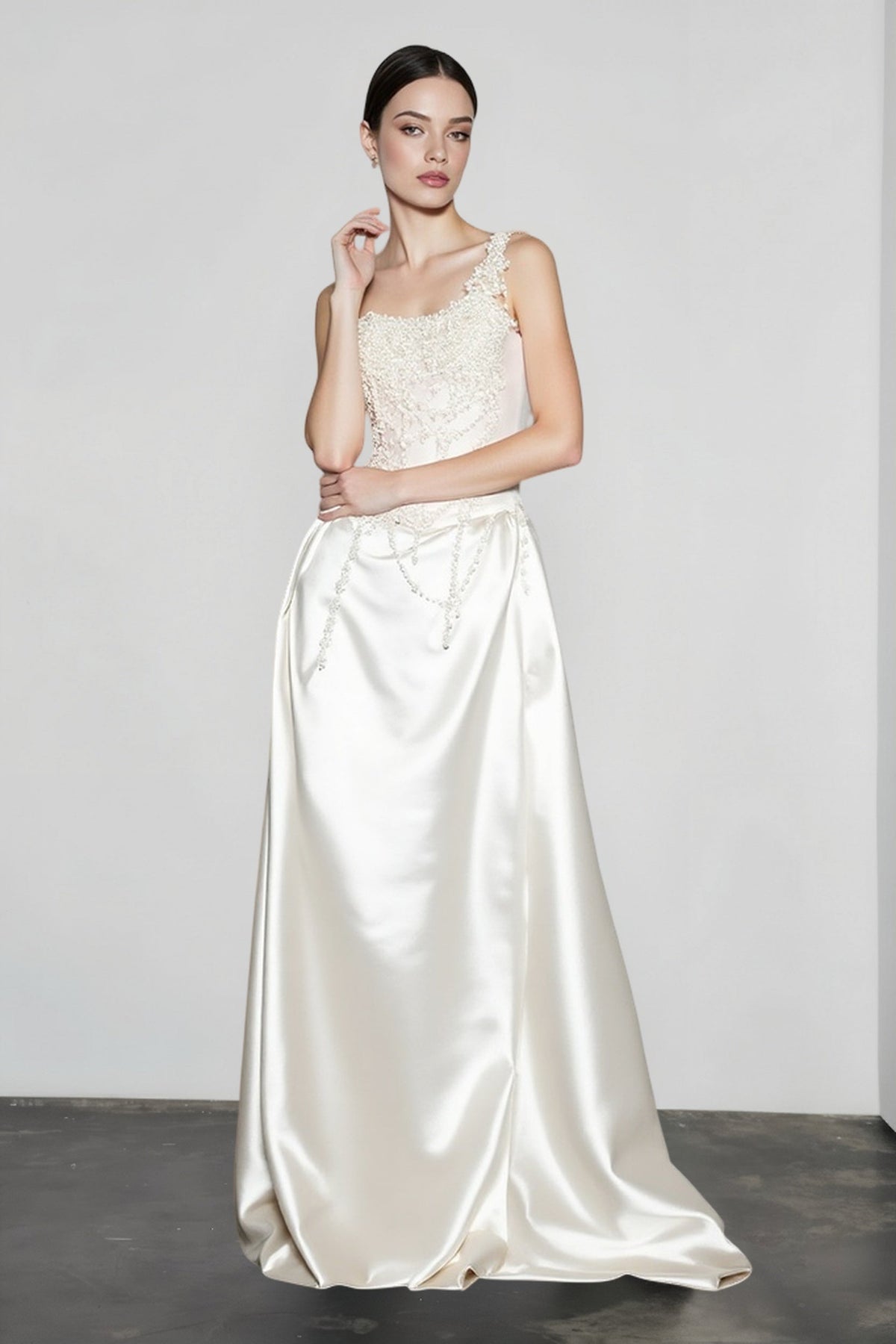 Satin One Shoulder Pearl Beaded A-Line Prom Dress - View 3