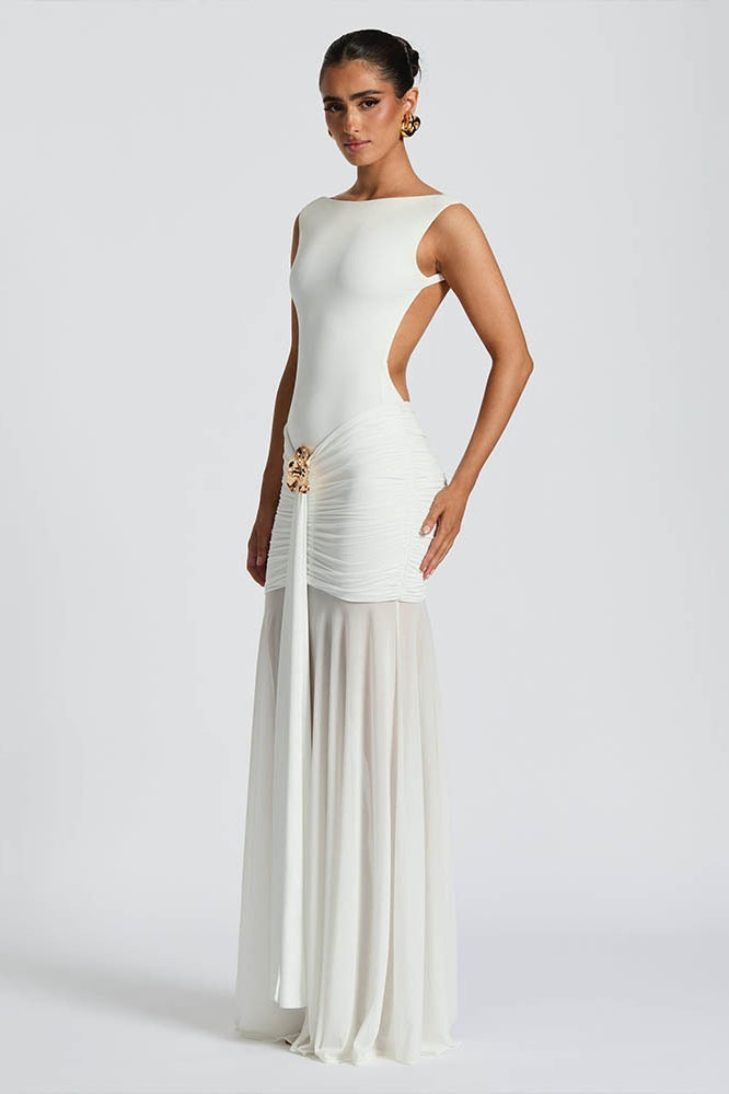High Neck Backless Ruched Mermaid Maxi Dress - View 5