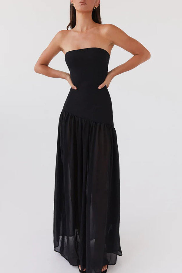 Lizzy Strapless Semi Sheer Patchwork Chiffon Maxi Dress - View 13