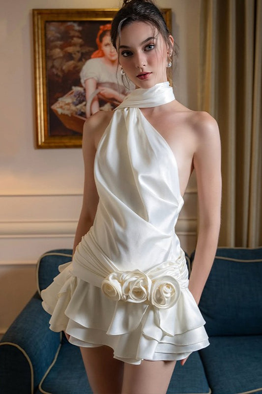 Satin One Shoulder Cowl Draped Rosette Waist Mini Cocktail Dress - View 2