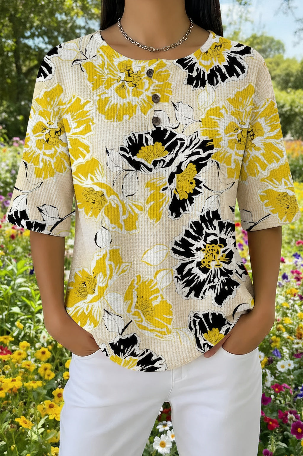 Floral Print Waffle Knit Henley Short Sleeve Top