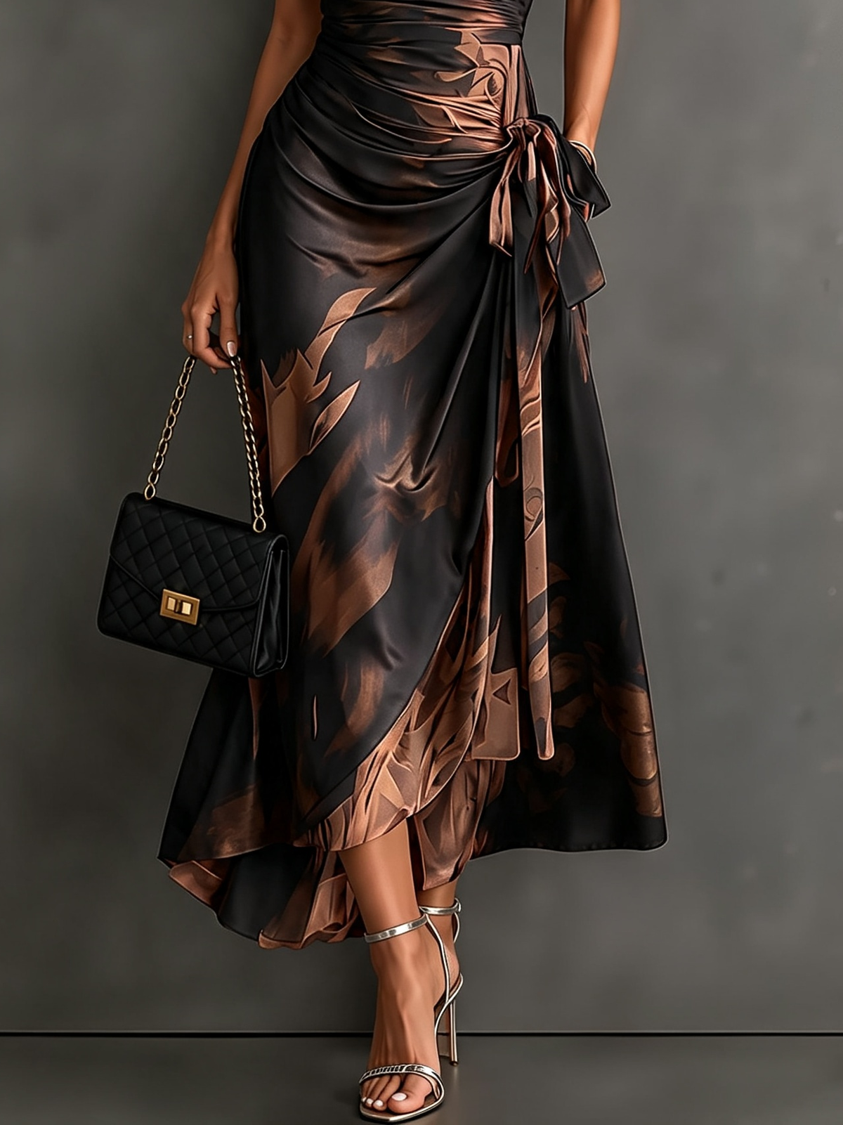 Abstract Print Collared Cap Sleeve Ruched Wrap Maxi Dress 10