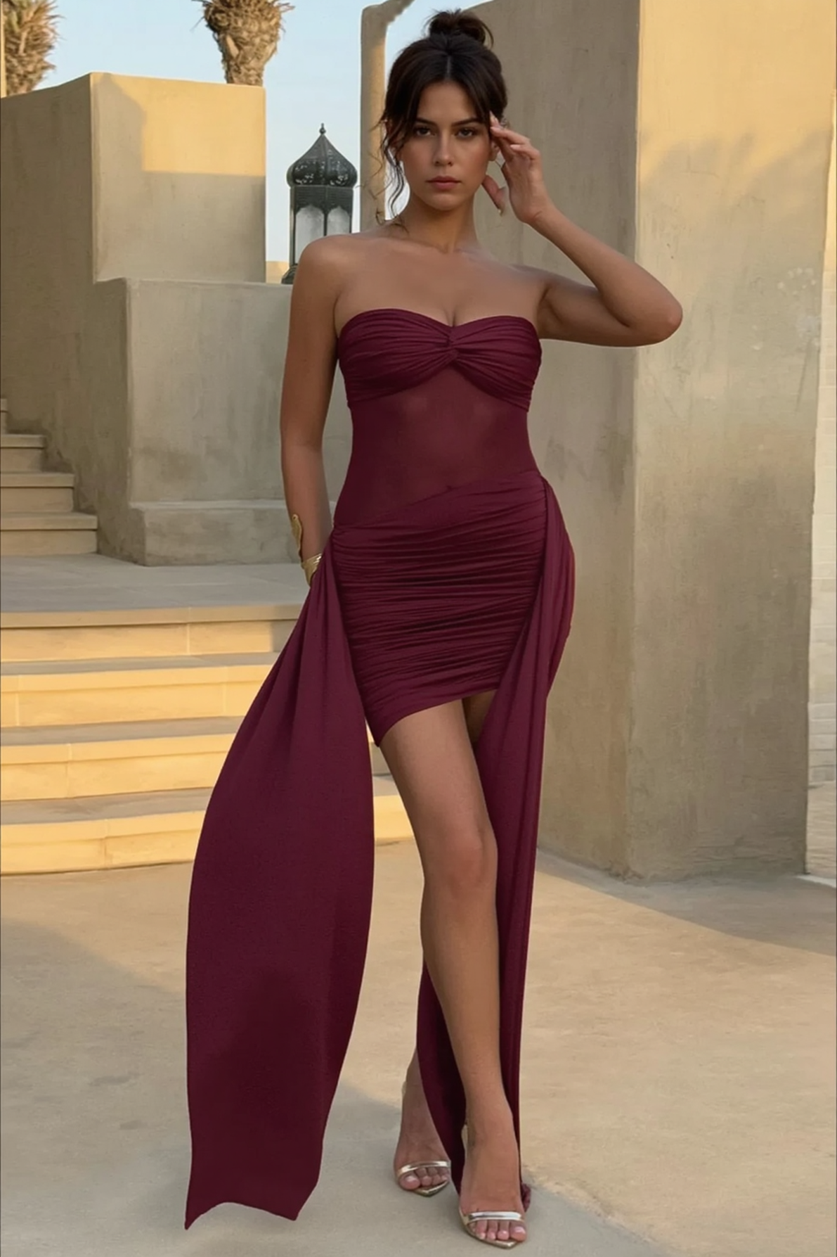Strapless Backless Ruched Mesh Paneled Party Dress