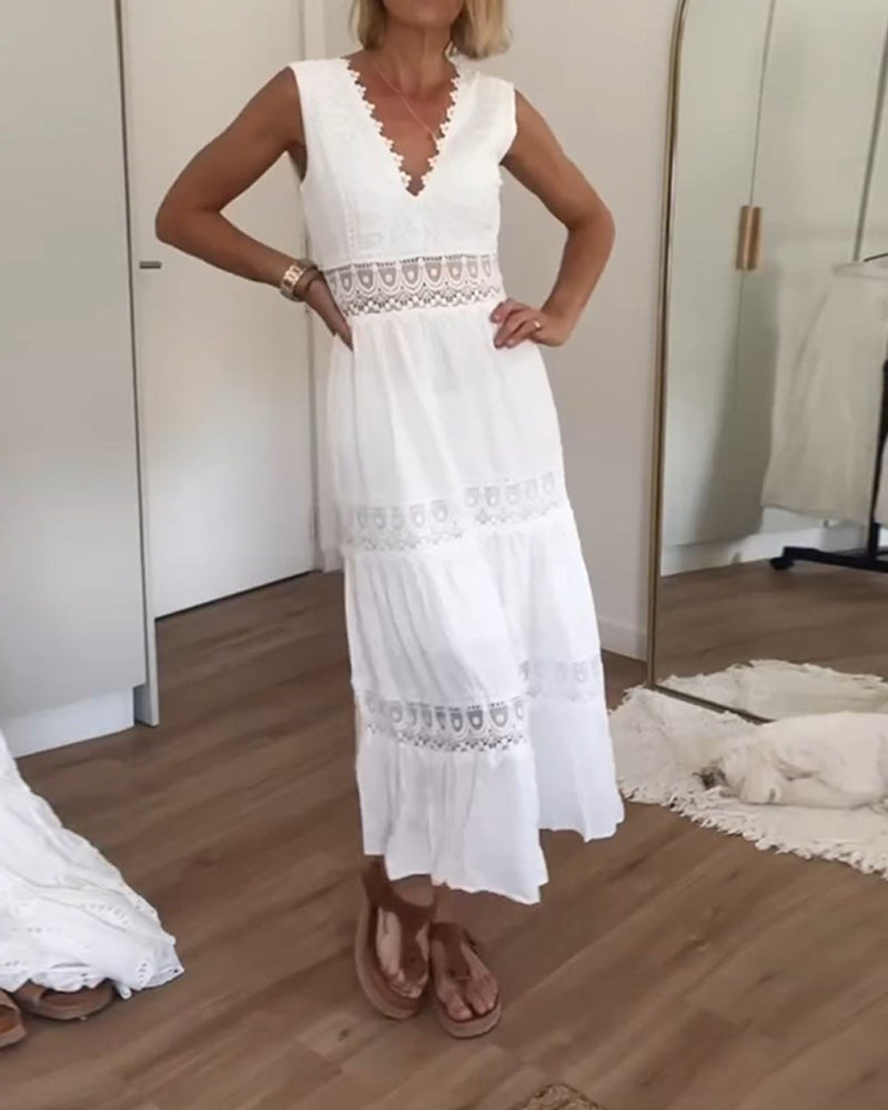 Lace Trim Sleeveless Deep V-Neck Tiered Midi Dress - View 4