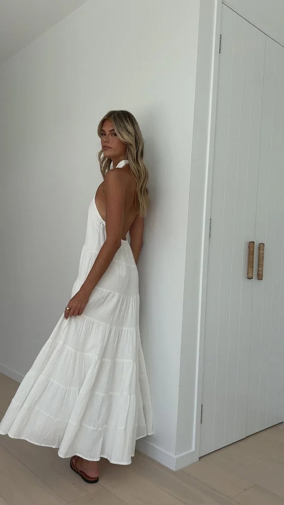 Halter Neck Tiered Crinkle Texture A-Line Maxi Summer Dress - View 3