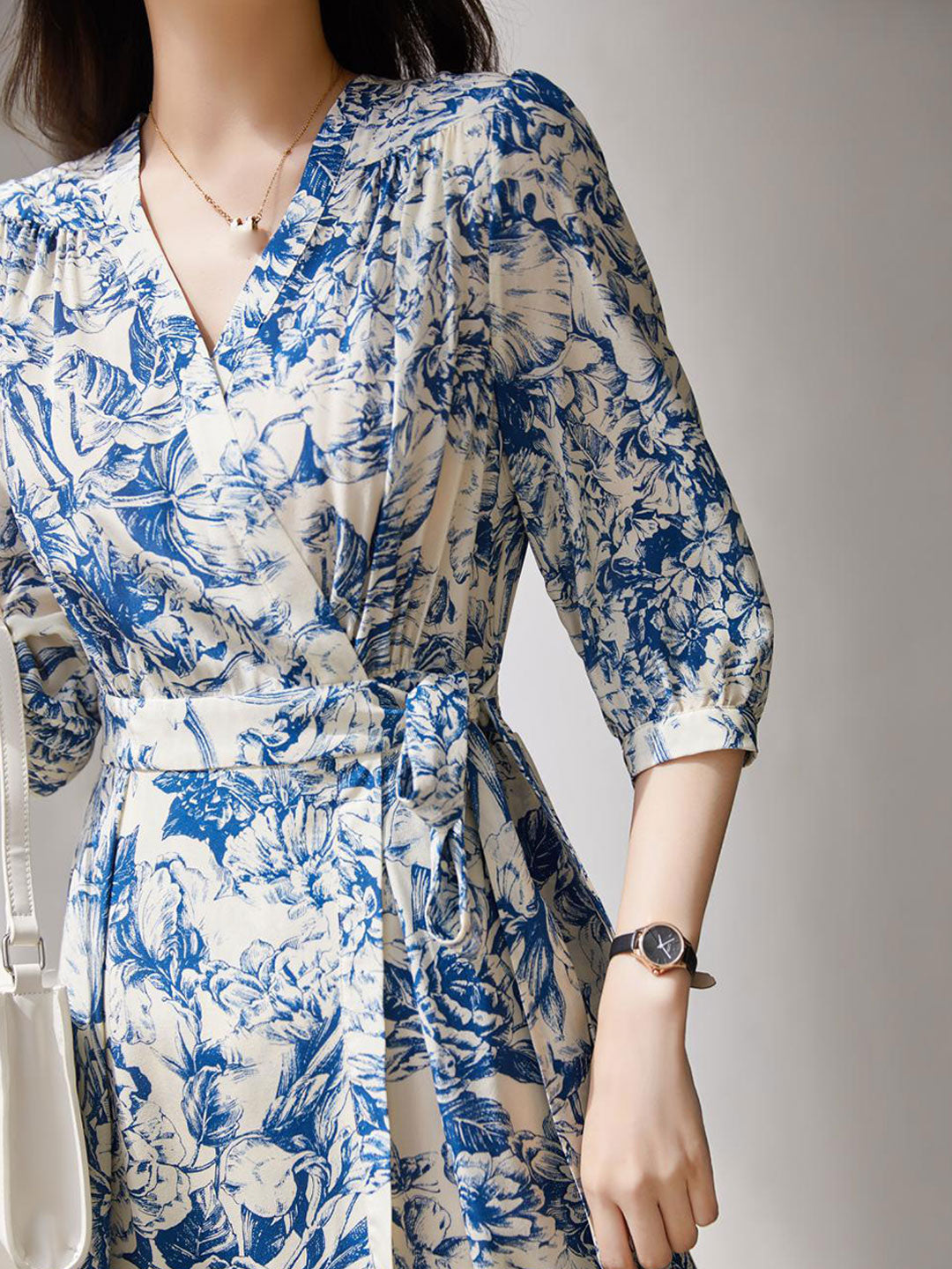 Toile Floral Print Wrap V-Neck Puff Sleeve Tie Waist A-Line Midi Dress - View 4