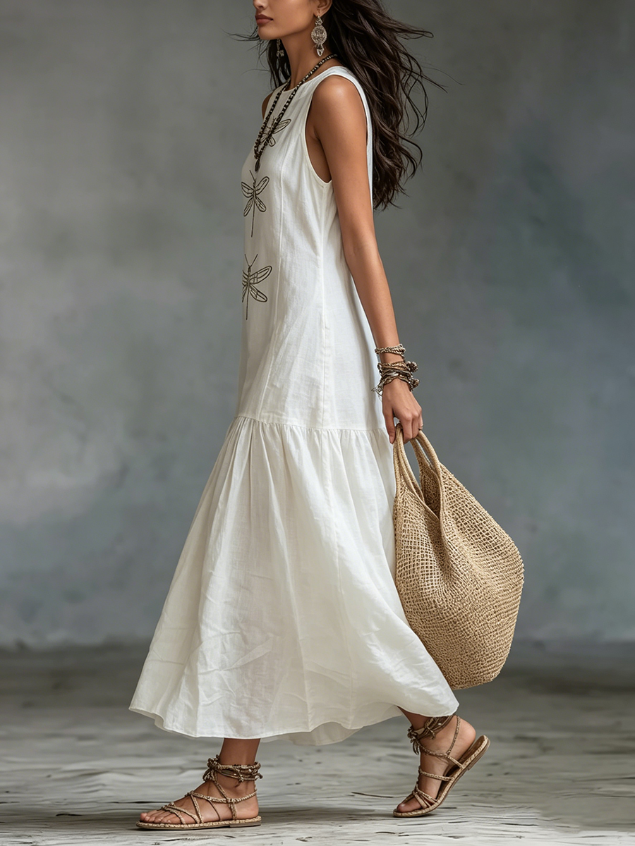 Sleeveless Dragonfly Print Tiered Maxi Dress 7