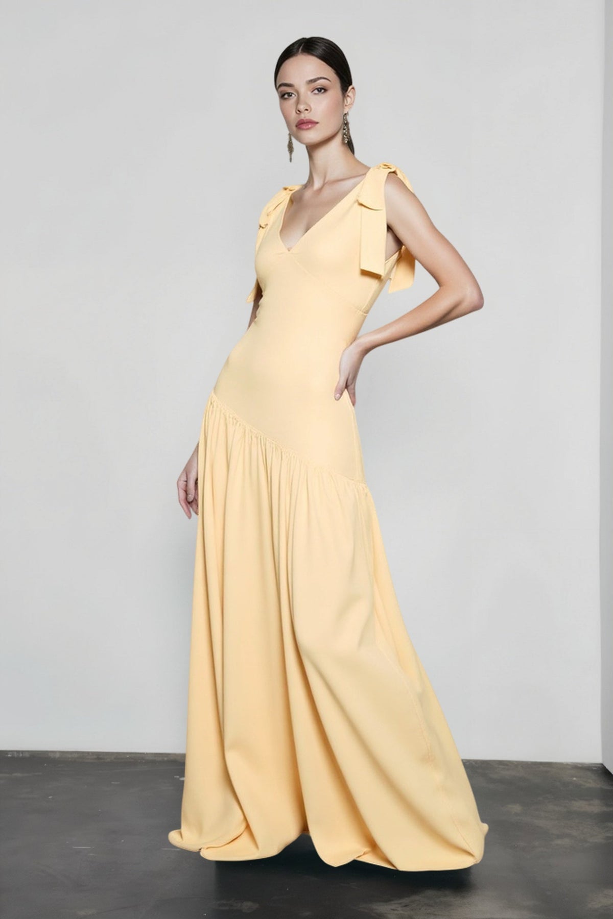 V-Neck Bow Strap Gathered Asymmetric Drop Waist Maxi Gown - View 2