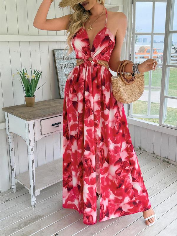 Tropical Floral Halter Deep V-Neck Cut Out High Split Maxi Dress 7