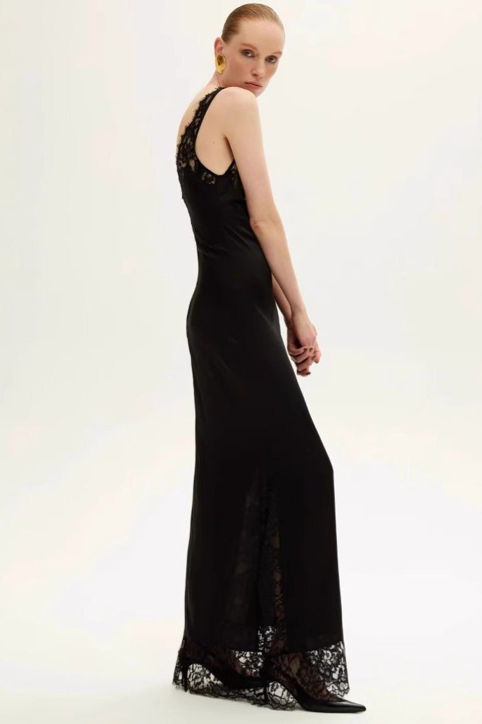Satin Deep V-Neck Lace Bodice Lace Trim Hem Slip Maxi Gown - View 2