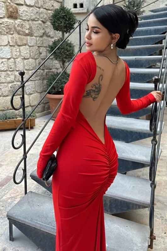 Long Sleeve Open Back Ruched Bodycon Mermaid Maxi Dress - View 4