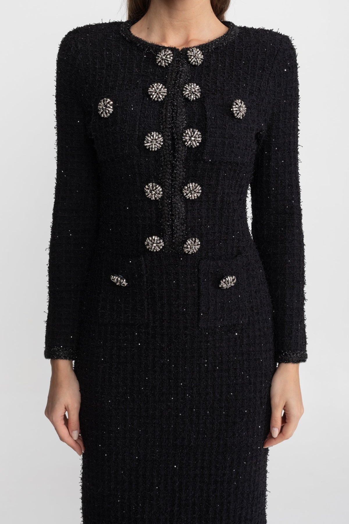Sequin Tweed Long Sleeve Rhinestone Flower Sheath Midi Dress - View 4