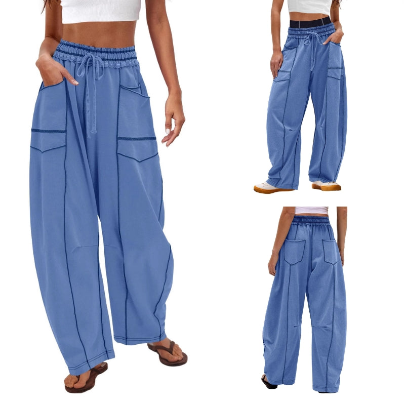 High Waist Drawstring Contrast Stitch Wide Leg Pants 8