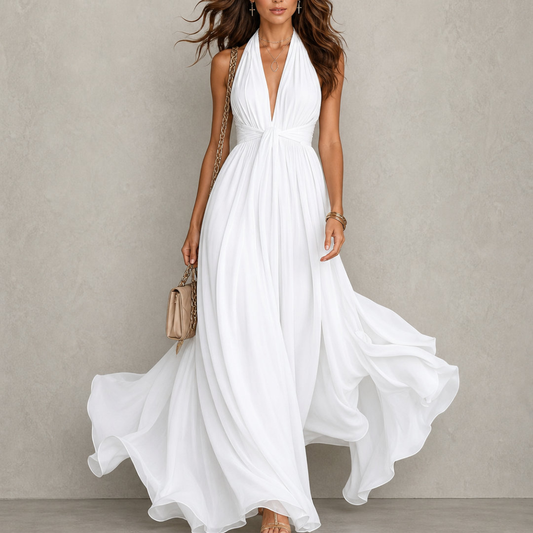 Halter Neck Deep V-Neck Twist Front Flowy Maxi Dress 6