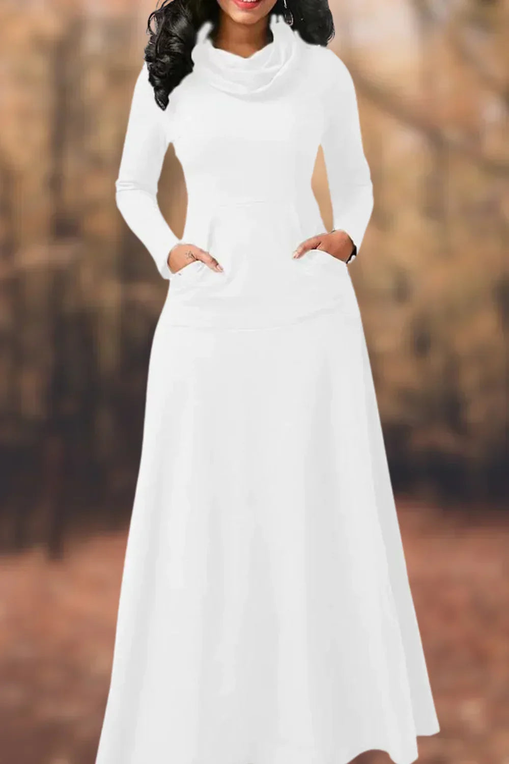 Knit Cowl Neck Long Sleeve Kangaroo Pocket Maxi Dress - View 4
