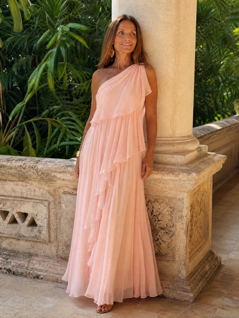 One Shoulder Ruffle Draped Chiffon Maxi Gown 7