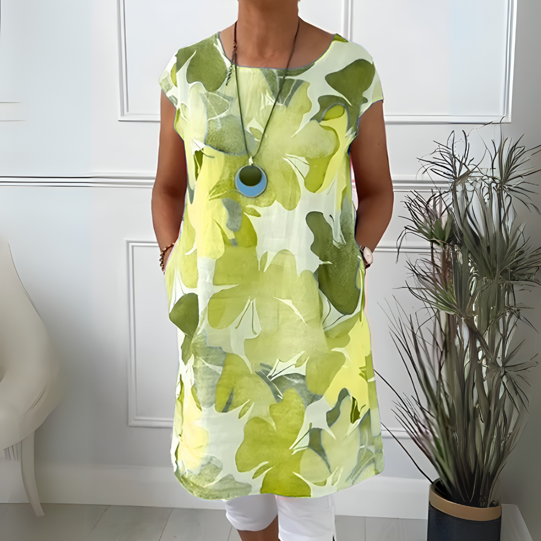 Watercolor Floral Round Neck Short Sleeve Tunic Dress 8