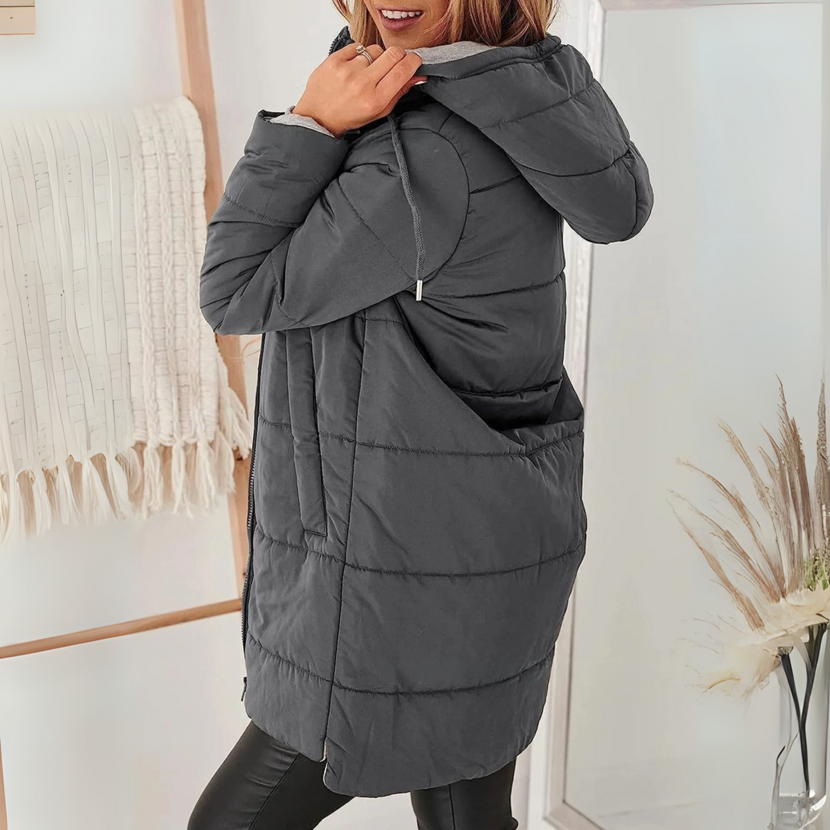 Hooded Zip Front Longline Quilted Puffer Jacket 4