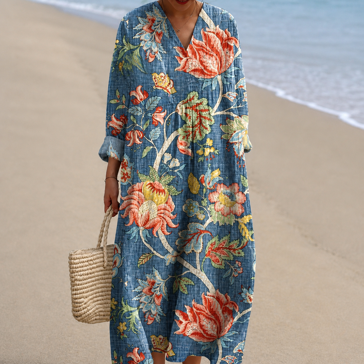 V-Neck Long Sleeve Floral Print Boho Maxi Dress
