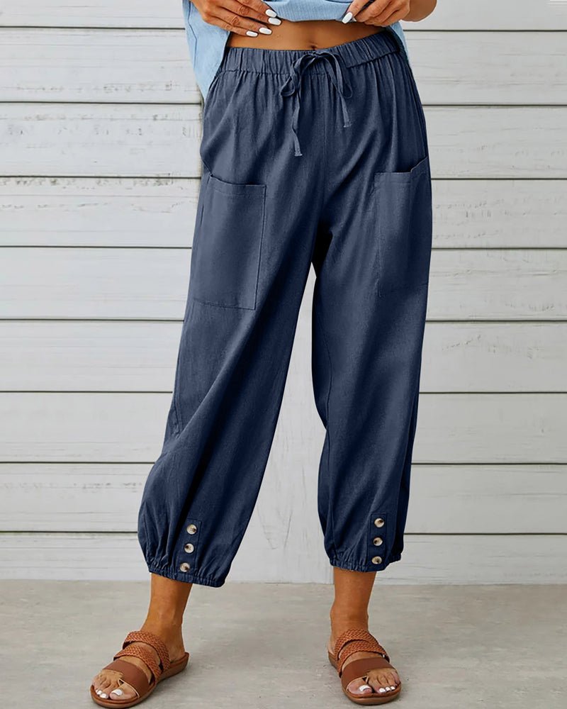 High Waist Drawstring Button Cuff Tapered Pants 2