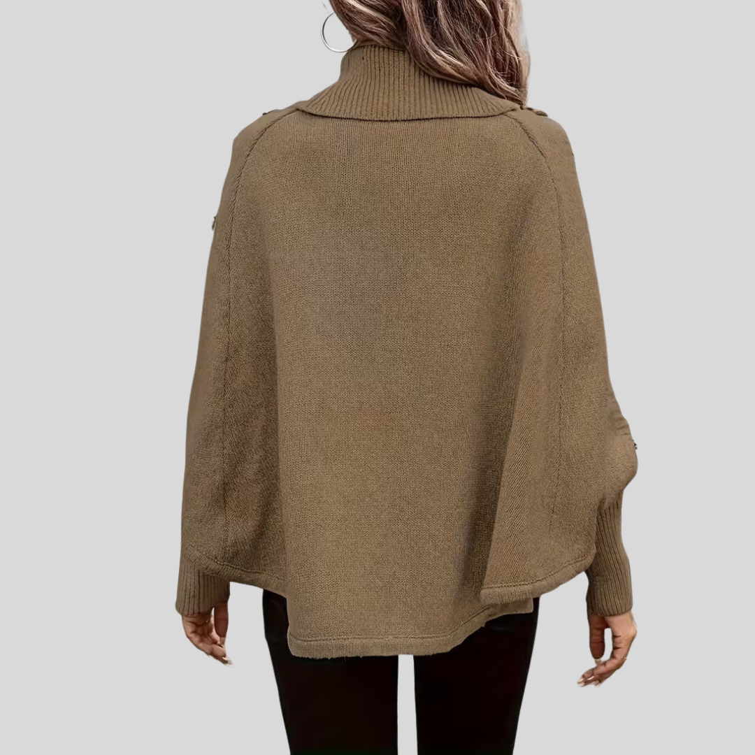 Turtleneck Cable Knit Button Trim Batwing Poncho Sweater 7