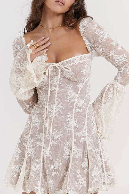 Sheer Floral Lace Sweetheart Neck Long Sleeve Tie Front Mini Dress