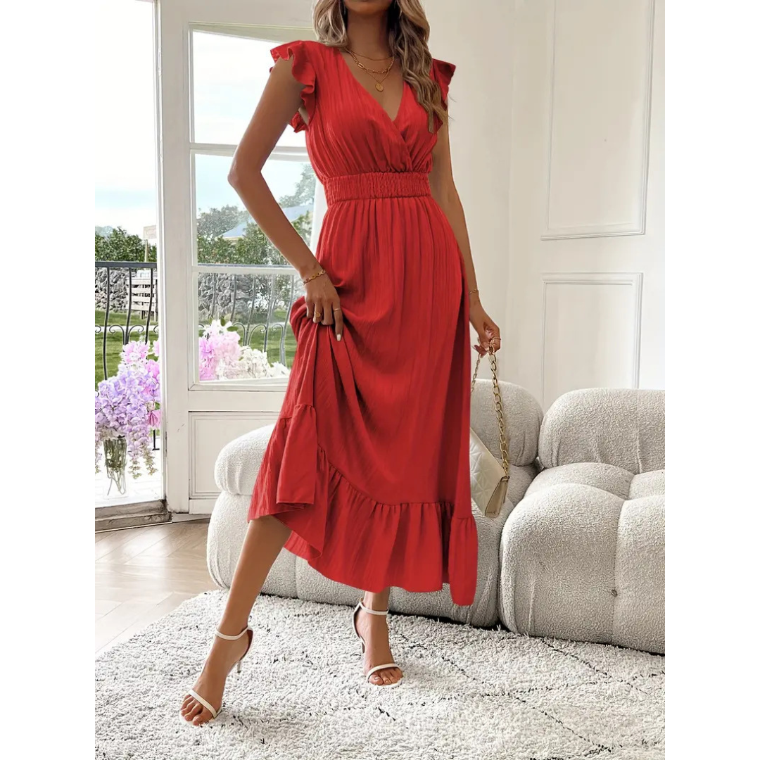 V-Neck Flutter Sleeve Shirred Waist Tiered Maxi Dress 8