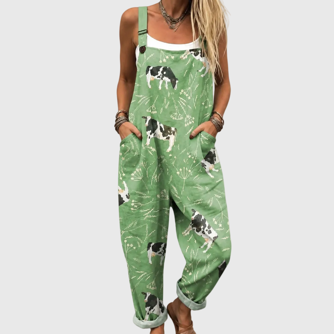 Cow Print Sleeveless Pocket Overall Jumpsuit