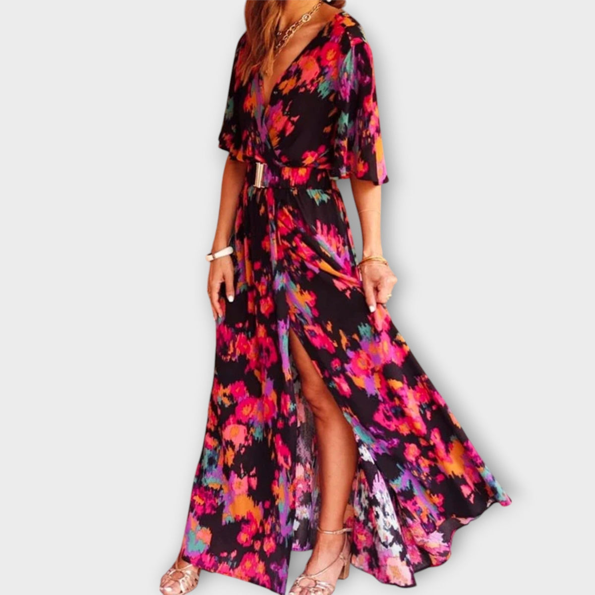 Deep V-Neck Flutter Sleeve Wrap High Split Maxi Dress 2