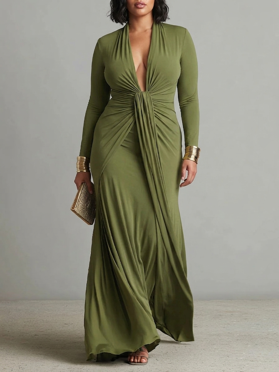 Deep V-Neck Long Sleeve Twist Front Maxi Dress 2